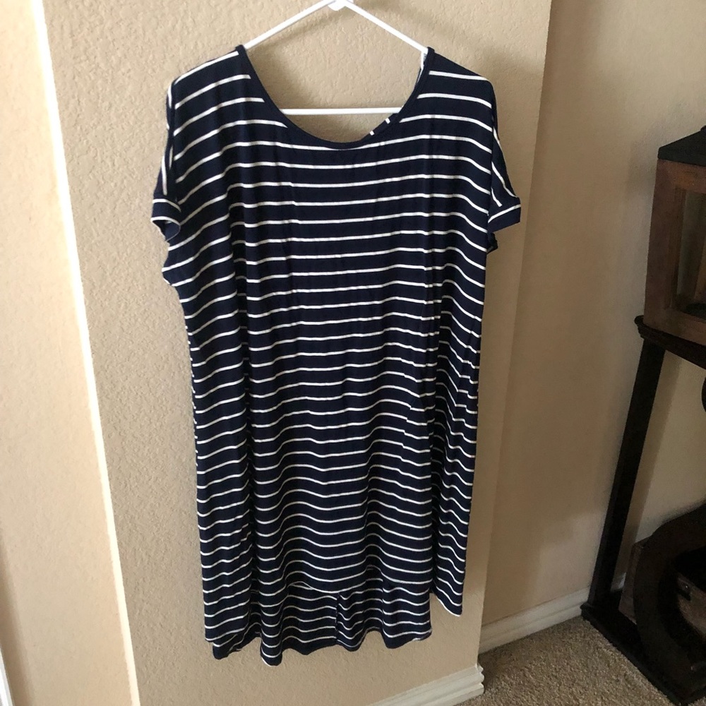 Soft Navy and White Striped High-Low Dress